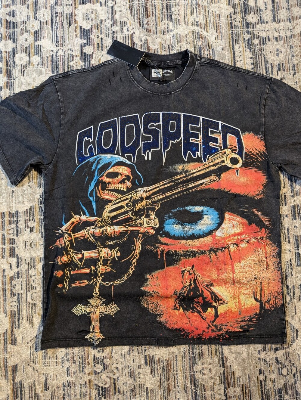 Godspeed Skull Eye Rhinestone Tee XL Black Mineral Wash Double Sided Graphic